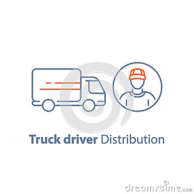 Courier man, transportation vehicle, ruck driver, delivery person, distribution service, logistics company, vector icon Vector Illustration