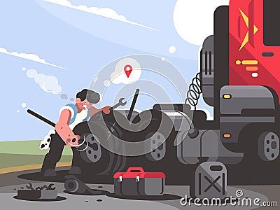 Truck driver is repairing car Vector Illustration