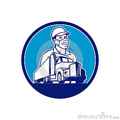 Truck Driver Wearing Mask Transport Circle Mascot Vector Illustration