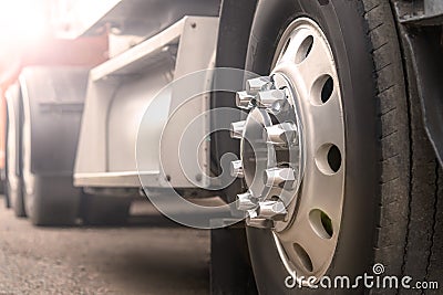 Truck driving on road. truck wheel closeup, transportation, Motion blur Stock Photo