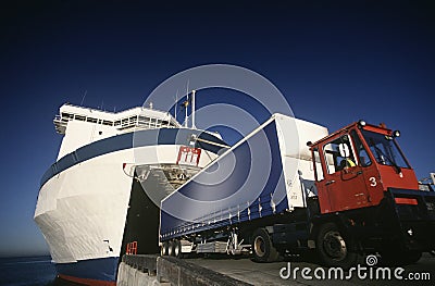Truck exiting ferry Port Melbourne Victoria Australia Stock Photo