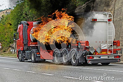 Truck on fire. The fuel tank exploded Editorial Stock Photo