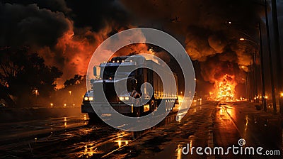 Truck on fire at night, Generative AI Stock Photo