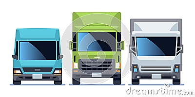 Truck front view set. Urban city vehicle model cars for delivery. Road traffic driving flat vector illustration Vector Illustration