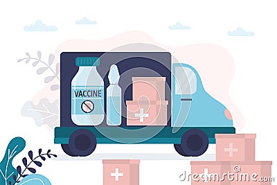 Truck full of medical supplies and cardboard boxes. Delivery of vaccines against coronavirus Vector Illustration