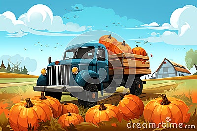 truck full of pumpkins vector background Stock Photo