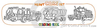 Funny heavy cars with eyes. Coloring book set Vector Illustration