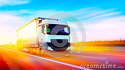 Truck on highway . Commercial transport . truck transport container . Stock Photo