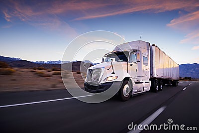 Truck and highway at sunset - transportation background Stock Photo