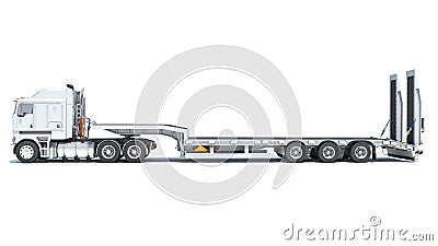 Truck with Lowboy Trailer 3D rendering on white background Stock Photo