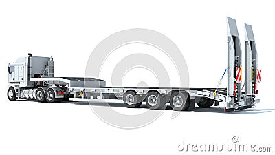 Truck with Lowboy Trailer 3D rendering on white background Stock Photo