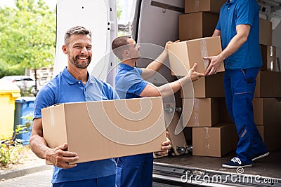 Truck Movers Loading Van Carrying Boxes Stock Photo