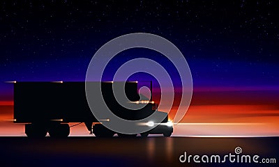 Truck moves on highway in night. Classic big rig semi truck headlights dry van in dark on night road on colorful starry sky Vector Illustration