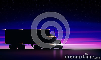 Truck moving on highway at night. Classic big rig semi truck headlights dry van in dark on night road on starry sky background Vector Illustration