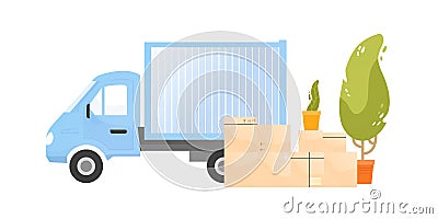 Truck near a pile of cardboard boxes with belongings and houseplants vector flat illustration. Cargo transportation for Vector Illustration