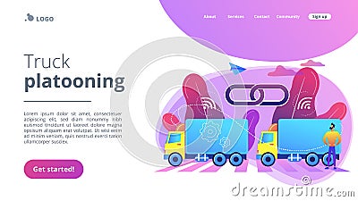 Truck platooning concept landing page. Vector Illustration