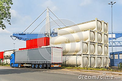 Truck in port, delivery of cargo to Europe. Logistics Goods Transport Stock Photo