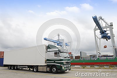 Truck in port waiting for cargo Stock Photo