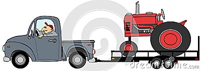 Truck pulling a farm tractor on a flatbed trailer Stock Photo
