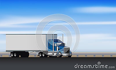 Truck rides on the highway. Classic big rig semi truck with dry van on the road, vector Vector Illustration