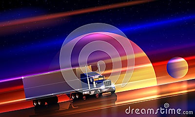 Truck rides on the highway in space. Classic big rig semi truck with dry van on the night road on a colorful cosmic background Vector Illustration