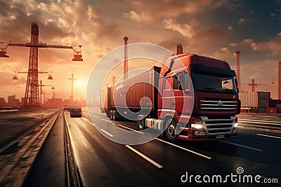 Truck on the road with cargo container background. Freight transportation concept, Transportation logistics, AI Generated Stock Photo