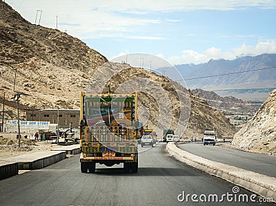 Truck running on mountain road in Ladakh, India Editorial Stock Photo