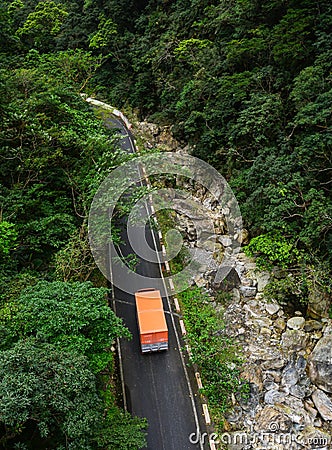 A truck running on street in Taroko National Park, Taiwan Editorial Stock Photo