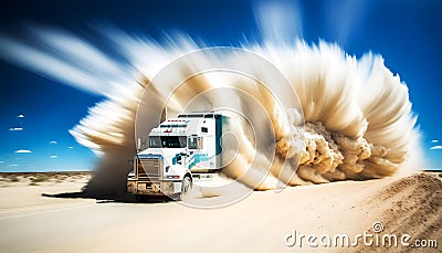 A truck runs fast in the desert raising a cloud of sand, illustration ai generative Cartoon Illustration