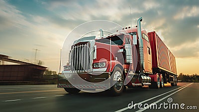 The truck runs on the highway with speed. Cartoon Illustration