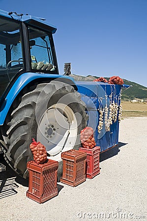 Truck for selling red onions. Stock Photo