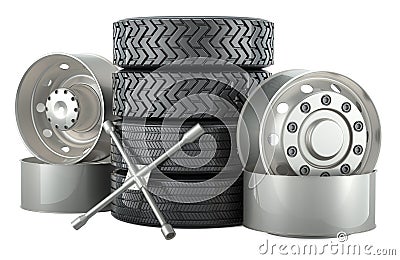 Truck service, concept. Wheels for truck or bus with universal lug wrench. 3D rendering Stock Photo