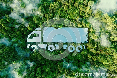 A truck-shaped lake in the midst of pristine nature, illustrating the concept of clean, greenhouse-free transport. Stock Photo