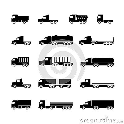 Truck silhouette icons. Shipping, cargo trukcs, dumpers and van. Transportation vector symbols Vector Illustration