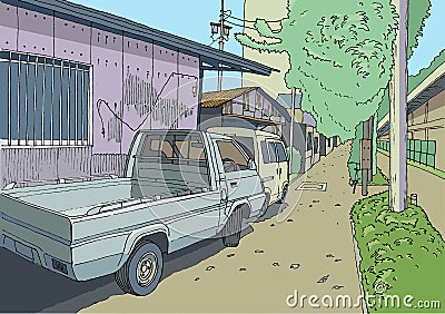 Truck on a small street in Tokyo, Anime background Cartoon Illustration