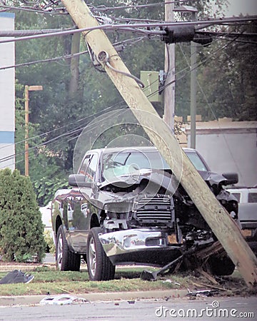 Truck takes out power pole in Bethpage NY Editorial Stock Photo