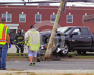 Truck takes out power pole in Bethpage NY Editorial Stock Photo