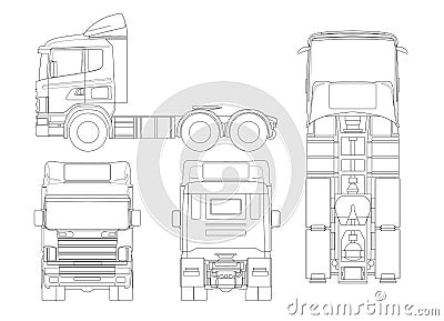 Truck tractor or semi-trailer truck in outline Combination of a tractor unit and one or more semi-trailers to carry Vector Illustration