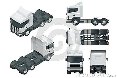 Truck tractor or semi-trailer truck. View front, rear, side, top and isometry front, back.. Cargo delivering vehicle Vector Illustration