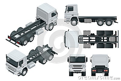 Truck tractor or semi-trailer truck. View front, rear, side, top and isometric front, back. Cargo delivering vehicle Vector Illustration