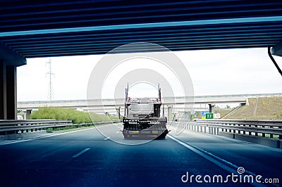 Truck trailer exiting Hungarian tunnel Stock Photo