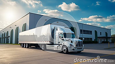 Truck with trailer near warehouse. Neural network AI generated Stock Photo