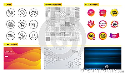 Truck transport, Balloons and International recruitment icons. Dollar target, Cross sell and Coffeepot signs. Vector Vector Illustration