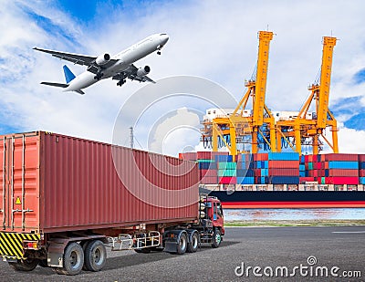 Truck transport container and cago plane flying above ship port Stock Photo