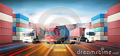 Truck transport with red and blue container on highway at port cargo shipping dock yard background, logistics import export Stock Photo