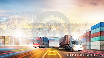 Truck transport with red and blue container on highway at port cargo shipping dock yard background, logistics import export Stock Photo