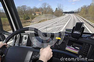 Truck view through windscreen Stock Photo