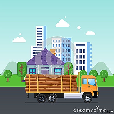 Truck with wooden logs in trunk, rides along asphalt road. Vector Illustration