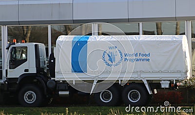 Truck of the world food program United Nations is waiting at the dealer for transport from the Netherlands. Editorial Stock Photo