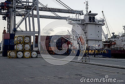 Truckers and trucks on Jam to load containers Matosinhos Portugal Editorial Stock Photo